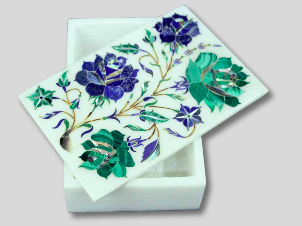 Marble Box Lapis Malachite Inlay Floral Marquetry Arts